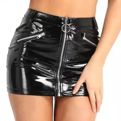 Wetlook-vestido Sexy de cuero para mujer, minifalda de cintura de látex brillante, abertura en la entrepierna, prenda erótica porno