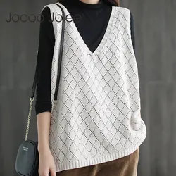 Jocoo Jolee jesień kobiety w stylu Vintage sweter bez rękawów ponadgabarytowych kamizelka elegancka Harajuku kamizelka z dzianiny estetyczne odzież znosić