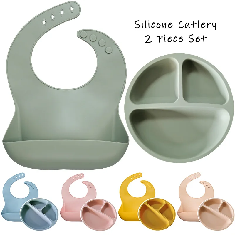 BPA Free Baby Silicone Feeding Platos Baby Bibs Suite Fashionable Pure Children's dishes Bowl Baby Stuff tableware dropshipping