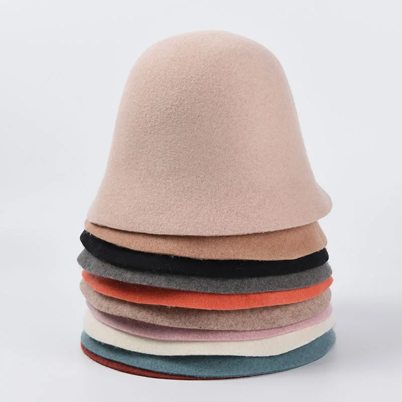 Bucket hat female autumn and winter new woolen fisherman hat Japanese pure color wild elegant top hat Korean felt hat кепка