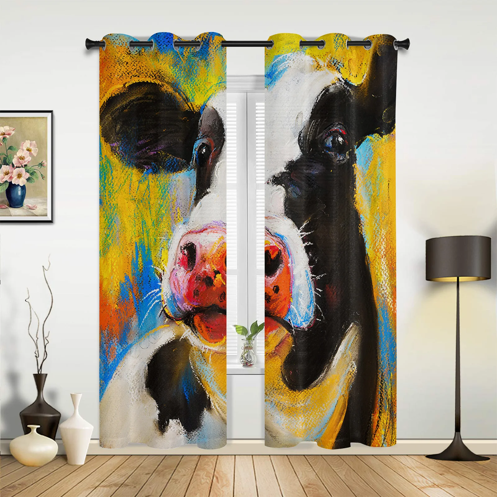 Animal Cow Color Oil Painting Window Curtains Bedroom Kitchen Drapes Panel Curtains for Living Room Christmas Home Decor