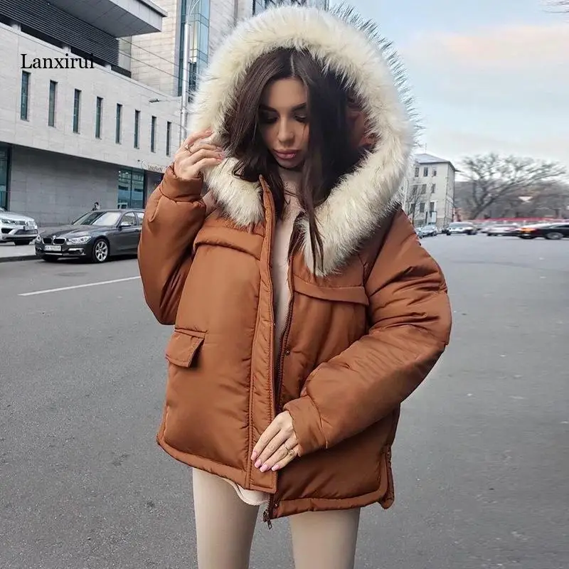 Winter Thick Bomber Jacket Women Parka Short Fur Hooded Coat Warm Vintage Oversize Harajuku Autumn Outerwear