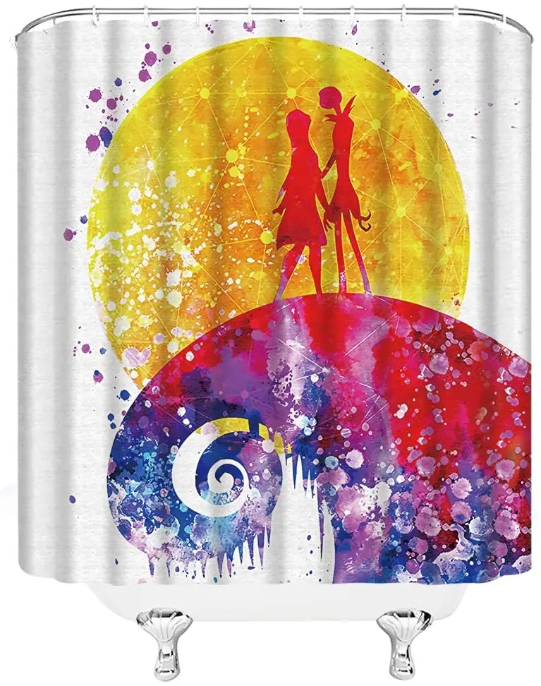 Watercolor Nightmare Before Christmas Abstract Ghost Creative Full Moon Zombie Bride Skull Decor Bathroom Curtain