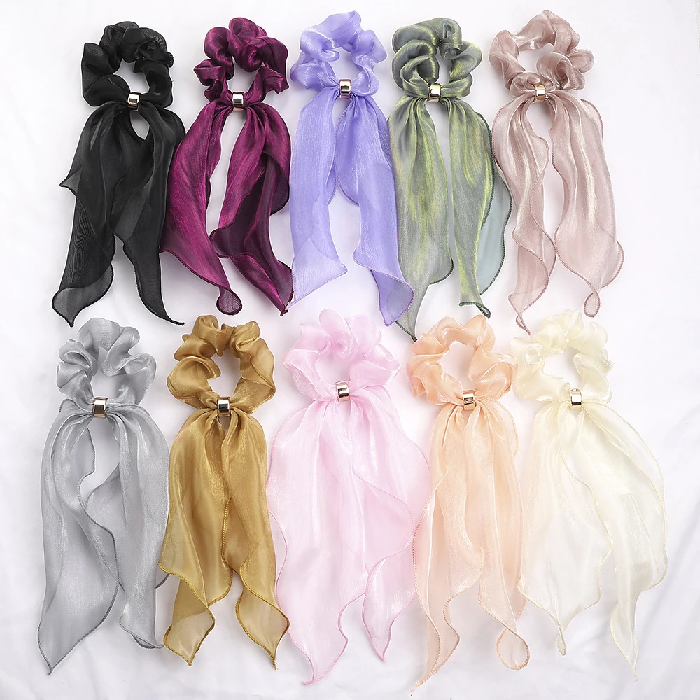 2020 Fashion Ladies Elegant Knotted Bow Long Ribbon Ponytail Scarf Hair Tie Scrunchies Women Girls Silk Elastic Hair Bands