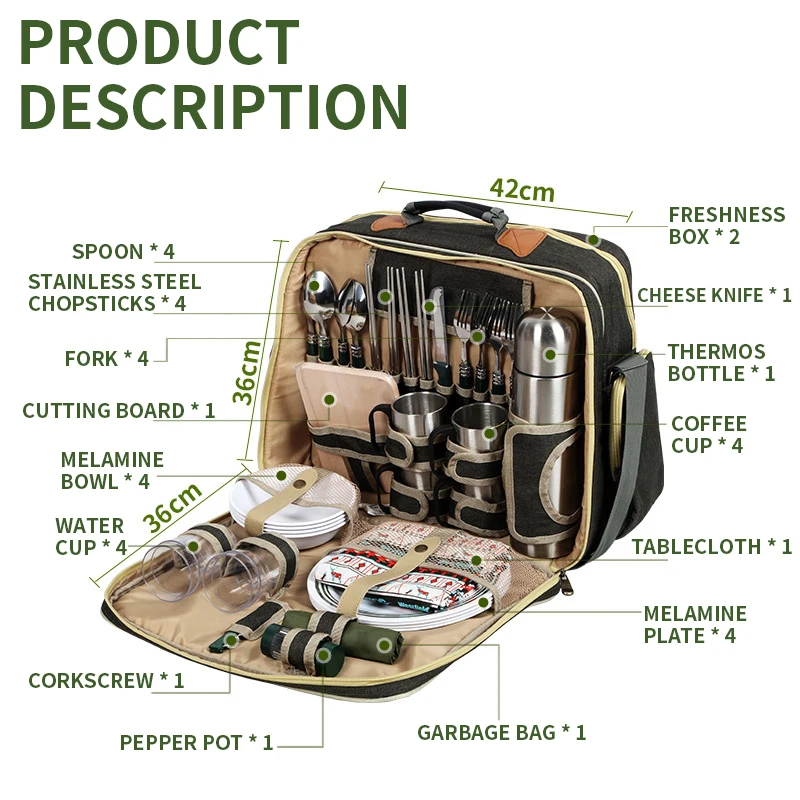 Portable Luxury Camping Picnic Tableware Set Dishes Outdoor Tableware Set With Insulation Bag Camp Cooking Supplies For 4 Person