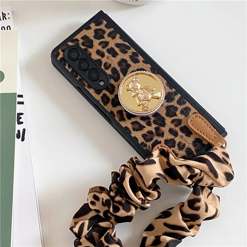 Sexy Leopard Print Leather Hard Phone Case For Samsung Galaxy Z Fold 5 4 3 Portable Cloth Wristband With Cute Bear Bracket Cover