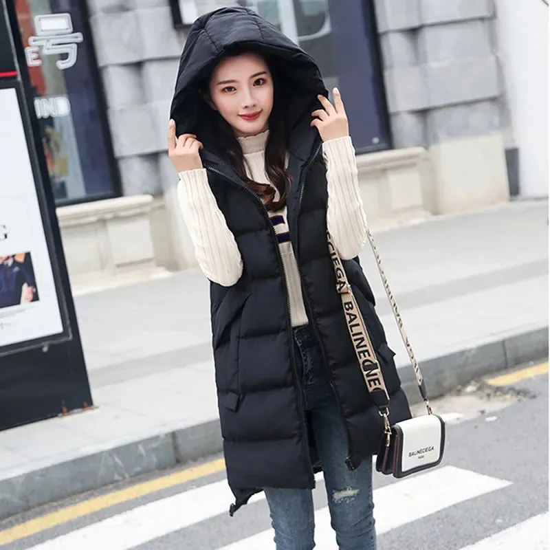 2023 New Women\'s Vest Jacket Down Cotton Vest Autumn Winter Jacket Hooded Long Coat Sleeveless Loose Female Waistcoat Snow Wear