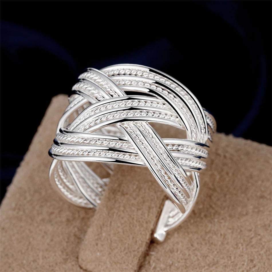 Women's 925 Sterling Silver Interwoven Web Bangle Ring Set, Elegant