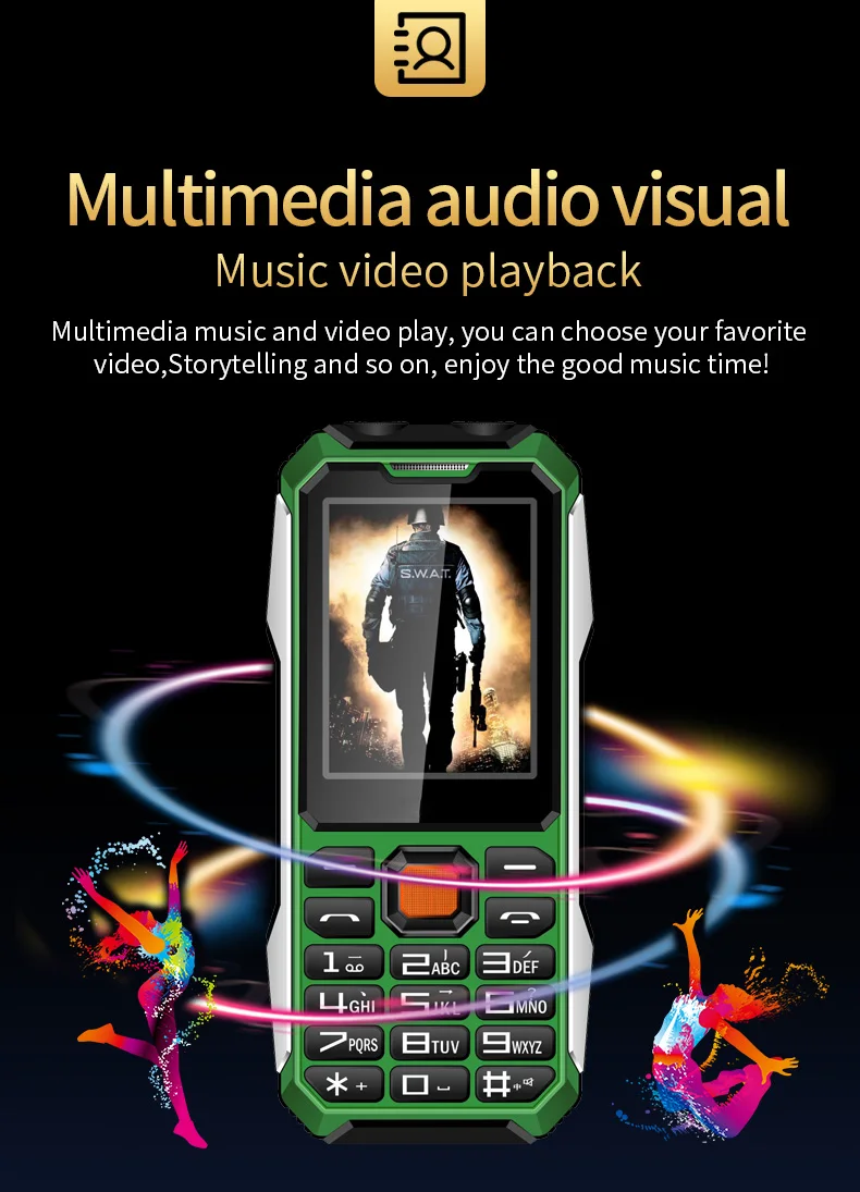 Slim Rugged Outdoor Phone Dual SIM Big Button Long Standby Blacklist Loud Speaker Two Flashlight SOS Dialing MP3 Video Player