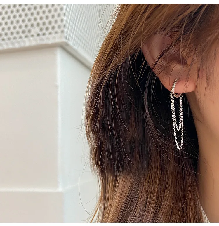 S925 Sterling Silver Ear Buckle Smple Fashion Long Tassel Chain Zircon Earrings For Women Exaggerated Fashion Style Jewelry