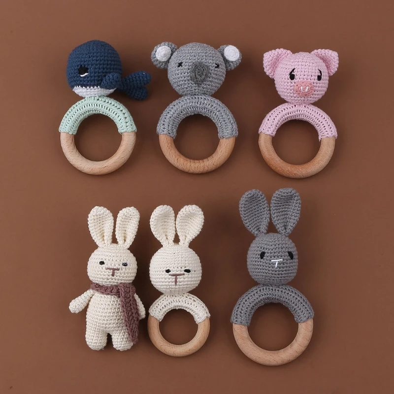 BPA Free DIY Crochet Cartoon Baby Teether Wooden Baby Rattle Toys Newborn Teething Rings Stroller Molar Bracelet Educational Toy