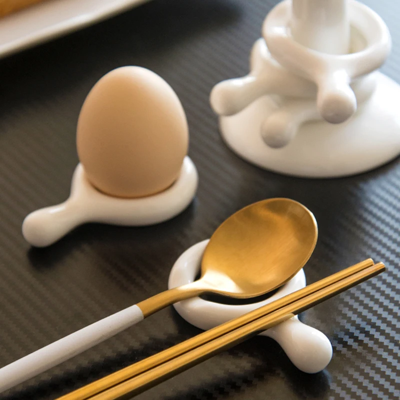 White Ceramic Spoon Chopstick Ring Holder Egg Stand Support Chinese Korean Japanese Chop Stick Shelf Organizer Home Table Decor