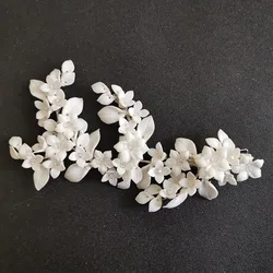 SLBRIDAL Handmade Rhinestones Crystal Pearls Ceram Flower Leaf Bridal Hair Clip Barrettes Wedding Hair Accessories Women Jewelry