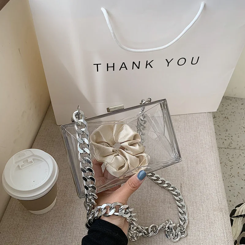 Box Shape Transparent Women\'s Handbag High Quality Acrylic Jelly Bag Luxury Thick Chain Tote Party Clutch Small Square Bag Purse