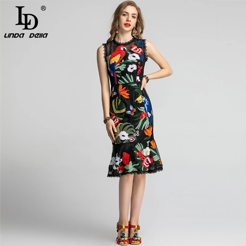 LD LINDA DELLA Fashion Runway Summer Dress Women's Sleeveless Vintage Lace Flower Embroidery Mermaid Party Ruffles Bodycon Dress