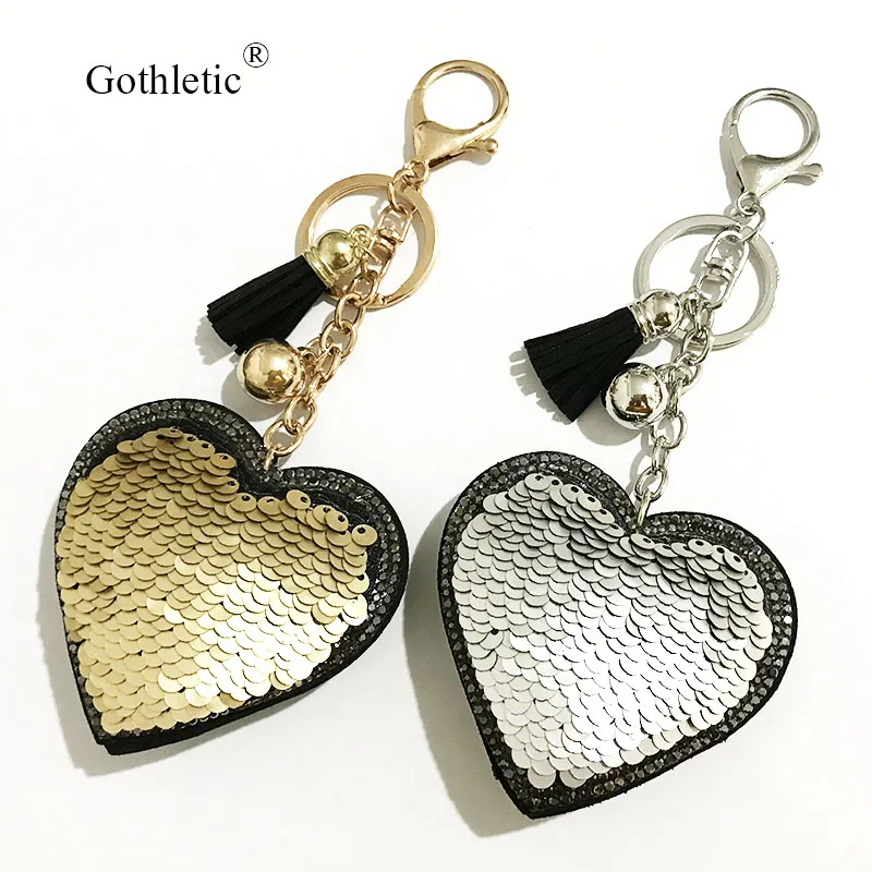 Gothletic Two Tone Gold/Silver Color Sequin Puffy Heart Key Ring Bag Accessories