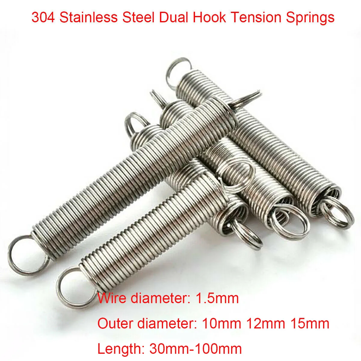 1Pcs 1.5mm Wire Dia 304 Stainless Steel Dual Hook Tension Extension Spring Outer Dia 10/12/15mm Length 30mm - 100mm