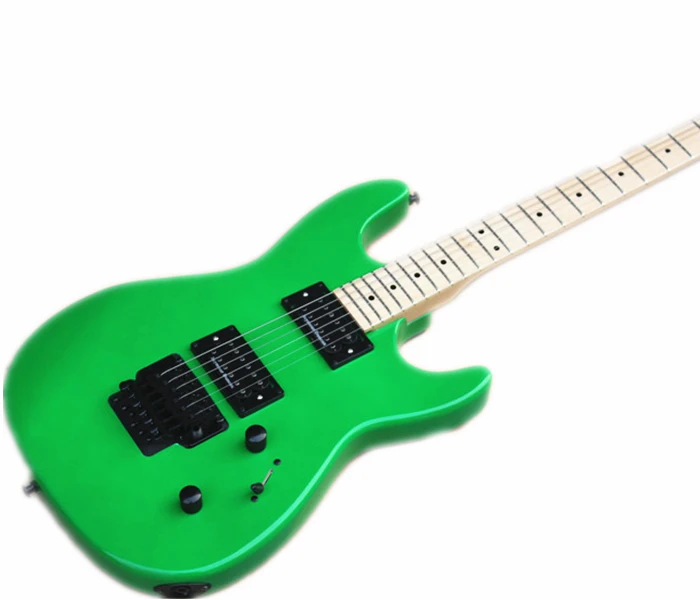 Green electric guitar,basswood body maple neck HH pickups,tremolo bridge, black buttons,,chra guitar