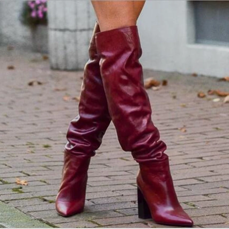 Wine Red Slouch Knee High Boots Chunky High Heels Pointed Toe Pleated Leather Winter Shoes Clear Designer Custom Made Zip Up