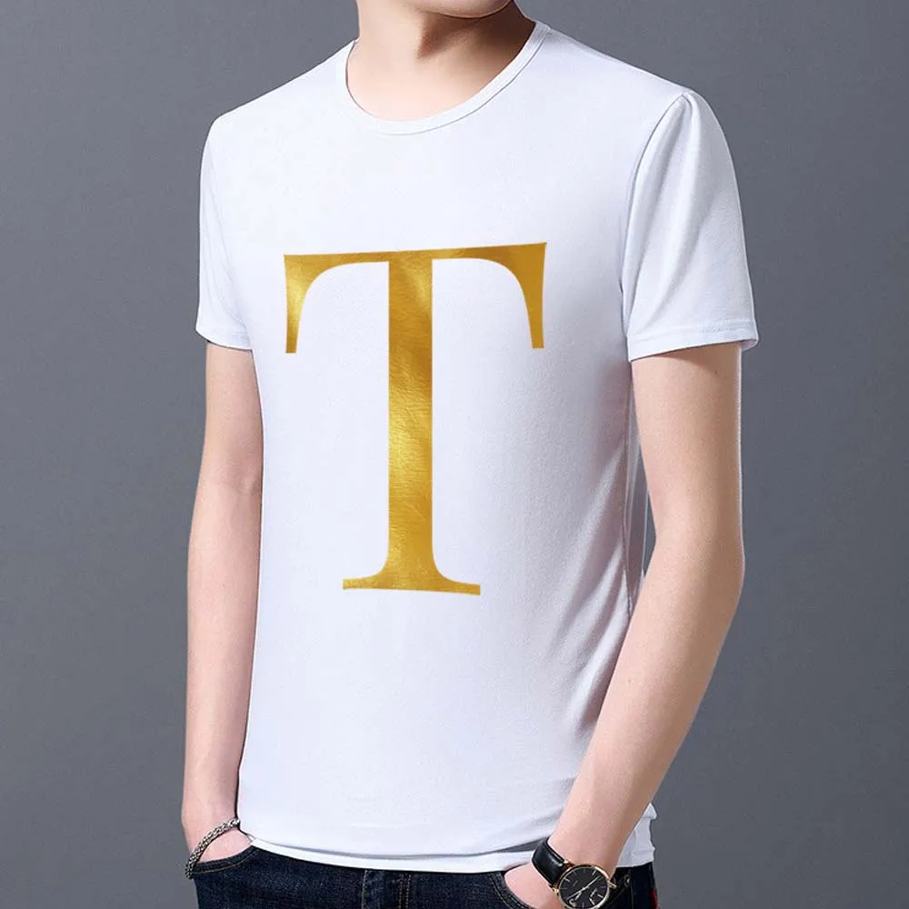 Men's All-match T-shirt Gold Printing 26 English Alphabet Series O-neck Casual Commuting Comfortable Men's Slim White Soft Top