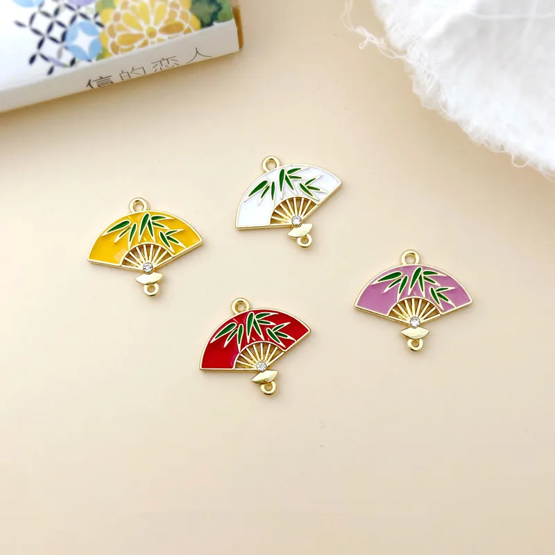 New style 40pcs/lot alloy drop oil Bamboo leaves pattern cartoo fan shape floating locket charms diy jewelry accessory