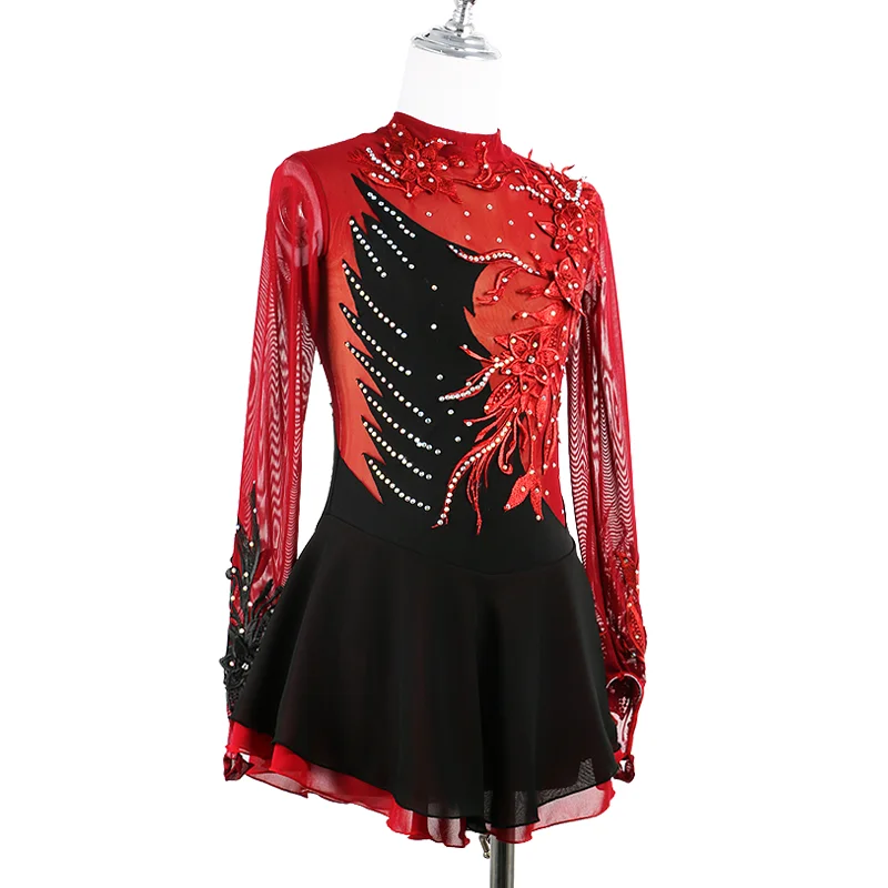 Black Wine Red Figure Skating Dress Cheongsam Ice Figure Skating Skirt Beautiful Skating Skirt Stereo Lace Flower Girl/Woman