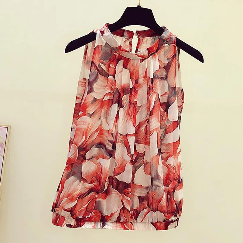 Chemisier à fleurs en mousseline de soie pour femmes, décontracté, sexy, mode coréenne, élégant, ample, sans manches, rétro, chemise vintage, été,