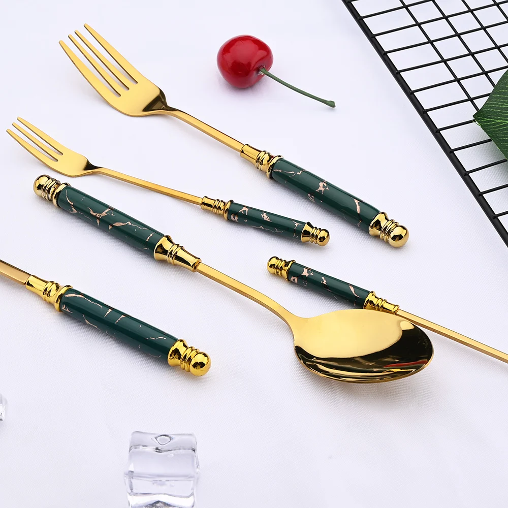 Mirror Ceramic Handle Tableware Set White Gold Flatware Fork Spoon Knife Set Stainless Steel Dinnerware Cutlery Set Dinner Set