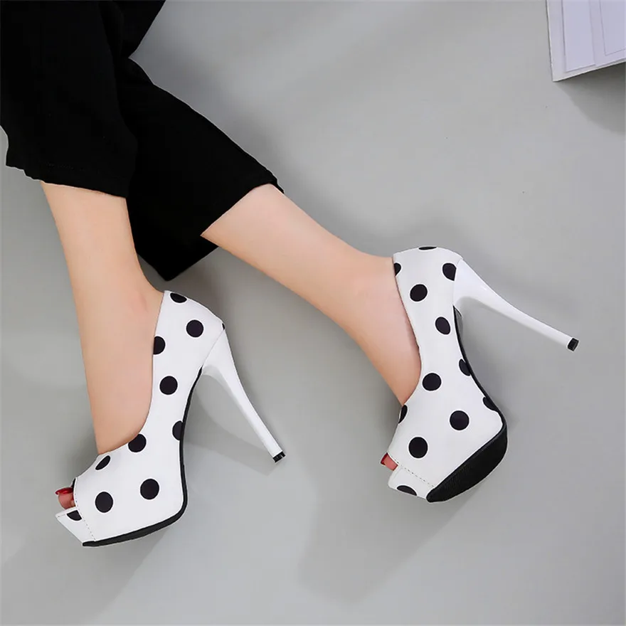 Black White Fashion Polka Dot Silk Work Shoes For Women Peep Toe Platform Pumps Autumn Super High Heels Dress Party Ladies Shoes