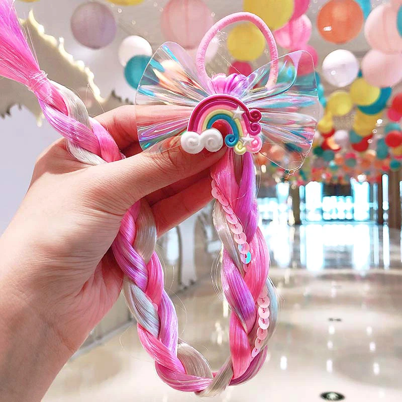 1PCS Cute New Princess Headwear Kids Elastic Hair Bands Children Rainbow Wig Girls Accessories Twist Braid Baby Headdress