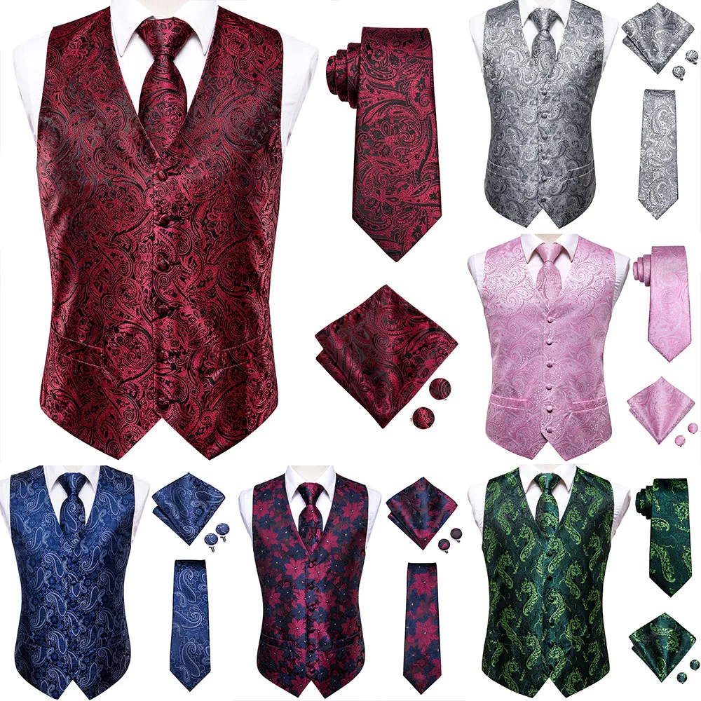 Hi-Tie Burgundy Paisley Floral Silk Men\'s Slim Waistcoat Necktie Set For Suit Dress Wedding 4PCS Vest Necktie Hanky Cufflink Set