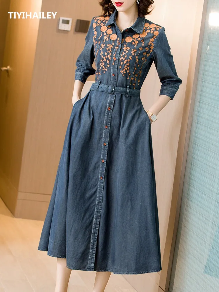 

TIYIHAILEY Free Shipping 2022 Three Quarter Sleeve Long Mid-calf Denim Women Vintage Turn Down Collar Embroidery Dress S-2XL