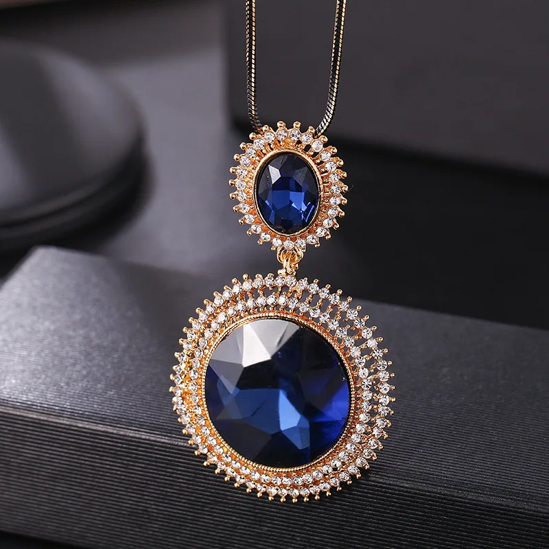 Big And Small Circle Pendant Long Necklace For Women Fashion Blue Crystal Sweater Accessories Jewelry