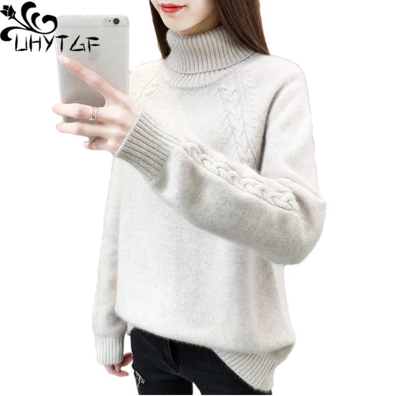 UHYTGF Sweaters Women's New Knitted Turtleneck Autumn Winter Top Female Long Sleeves Casual Warm Inside Bottoming Clothes 1879