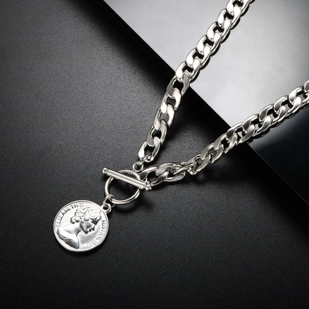 ZMFashion Vintage Punk Coin Chains Choker Necklace For Women Men Gothic Stainless Steel OT Buckle Portrait Chunky Chain Jewelry