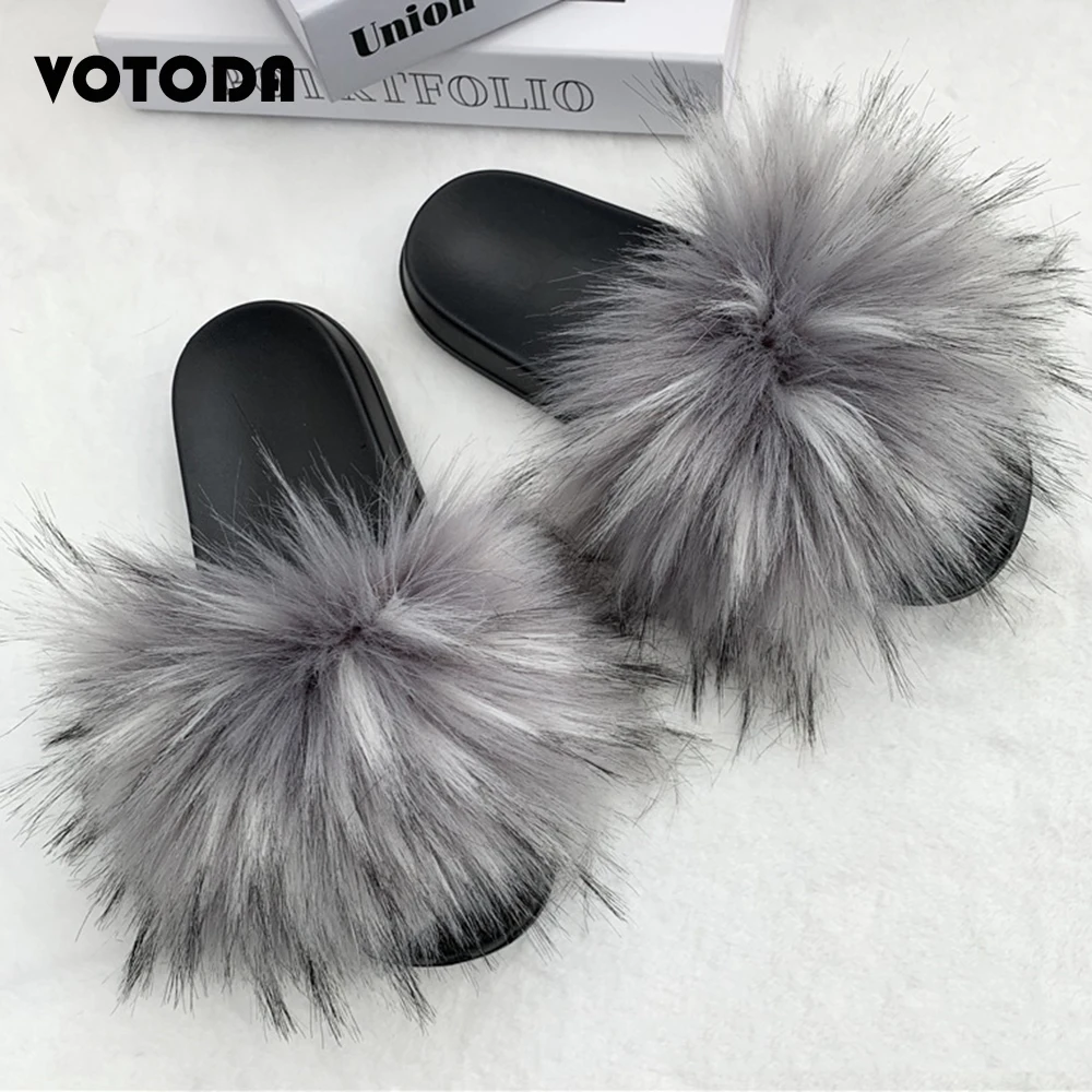 New Fluffy Faux Fur Slides pantofole in pelliccia da donna sandali in pelliccia di procione infradito in pelliccia di volpe sintetica casa morbida donna scarpe Casual in peluche