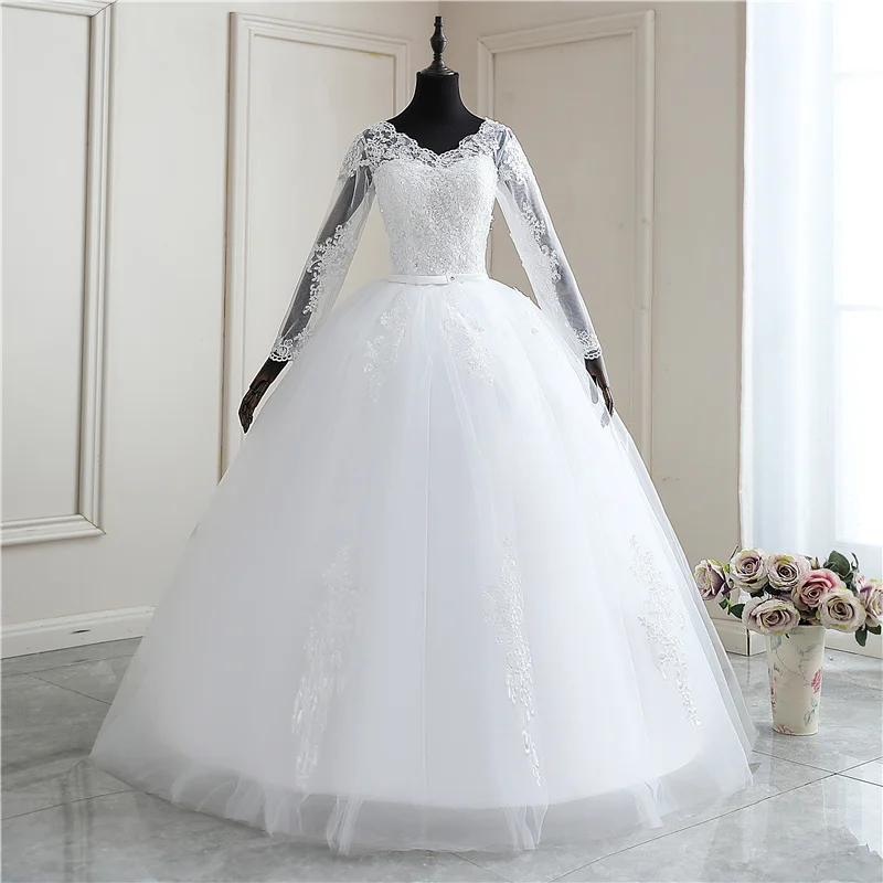 2023 New Spring Wedding Dress Full Sleeve V-neck Muslin Lace Appliques Off White Vestido De Noiva Plus Size Bridal Gown Princess