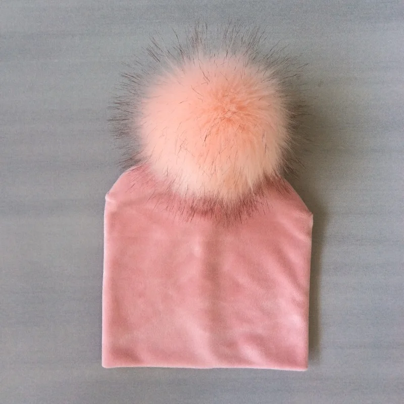 Gorro de terciopelo liso con pompón para bebé, Gorro con pompón, accesorios para niños, Otoño e Invierno