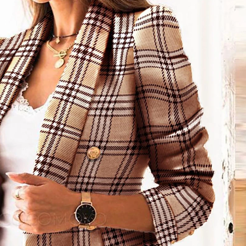 Casual Thin Suit Lady Long-sleeved Blazer Double-breasted Check Blazer Slim Fit Office Lady Elegant Chic Jacket Coat