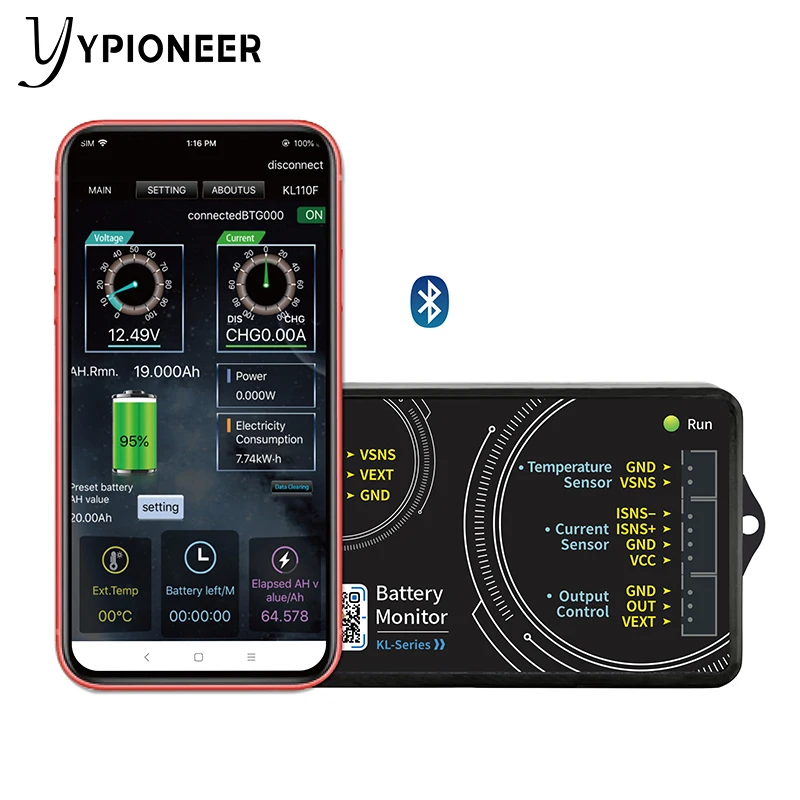 YPioneer KL110F عالية الدقة بلوتوث Coulomb عداد ليثيوم سيارة تعمل بالبطارية الفوسفات قدرة الكاشف للدراجات النارية 100A 120 فولت