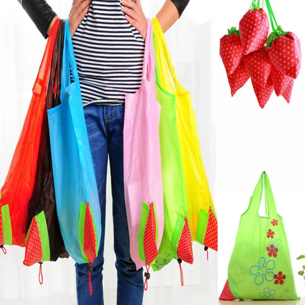 Creative Green Convenient Large Capacity Storage Printed Flower Bags Foldable Strawberry Reusable Nylon Grocery Shopping Bag