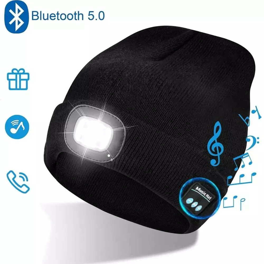 Unisex Bluetooth Headlamp Hat Headphones Beanie with LED Music Cap Built-in Speakers & Mic Earbuds for Running Hiking Sport