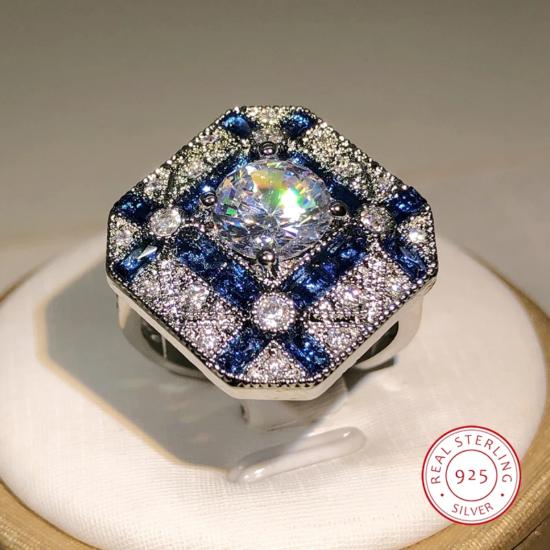 925 prata de luxo geometria grandes anéis para homens mulher azul branco zircão anel de noivado birthstone safira anel