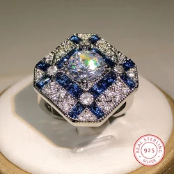 925 Zilveren Luxe Geometrie Grote Ringen Voor Mannen Vrouwen Blauw Wit Zirkoon Engagement Ring Birthstone Sapphire Ring