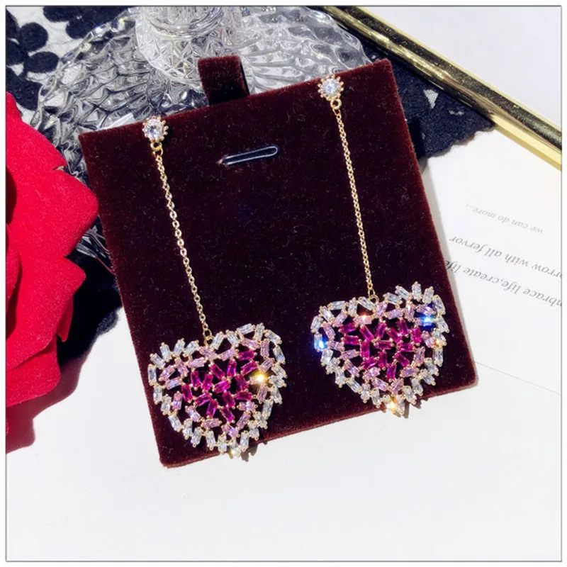 여성용 S925 바늘 드롭 귀걸이, 핑크 큐빅 열 롱 귀걸이, 신부 웨딩 브린코 비쥬