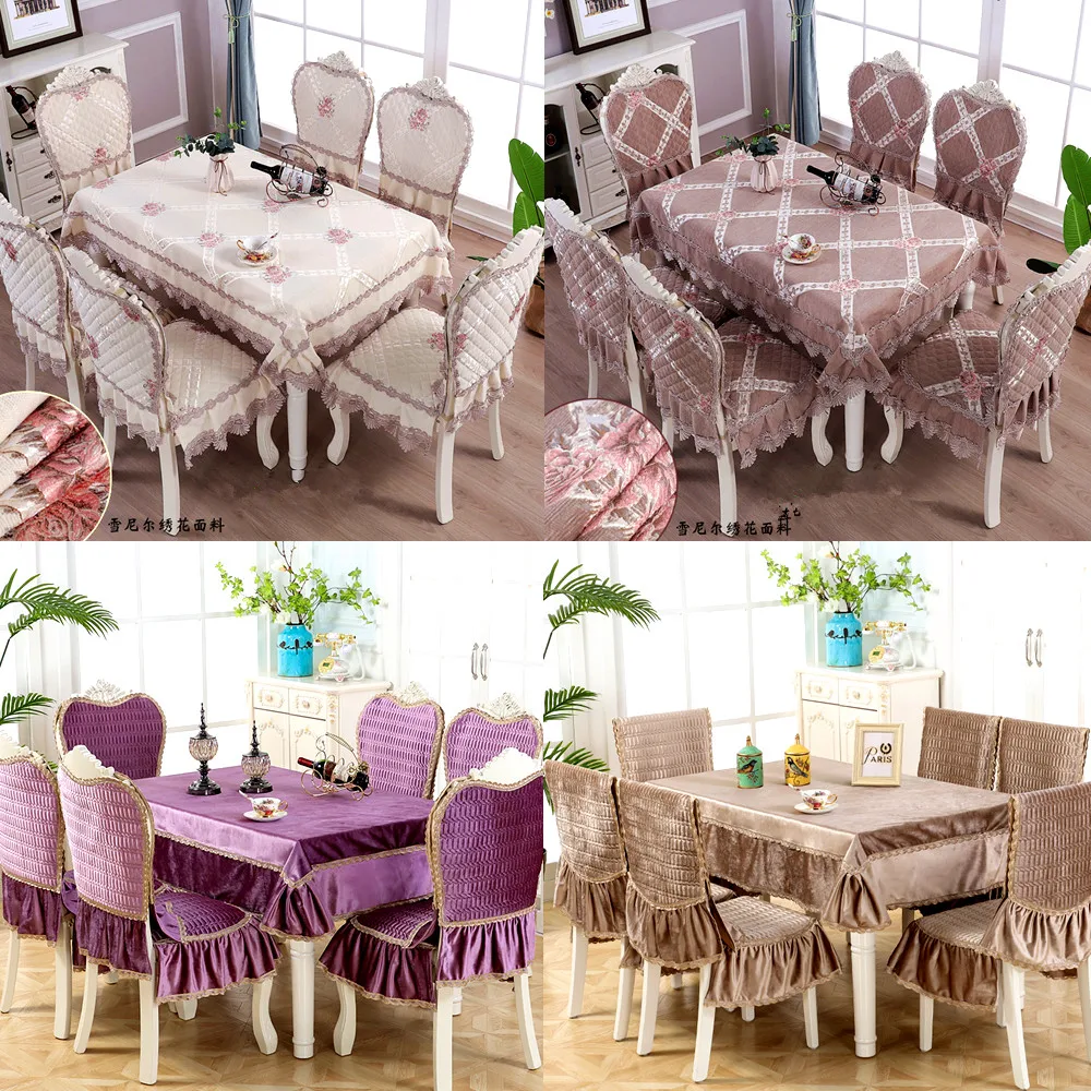 

High Grade Luxurious Chenille\Linen Dining Table cloth set 1PCS Lace Tablecloth Round ectangle 6PCS Chair Cover Bundle Sale