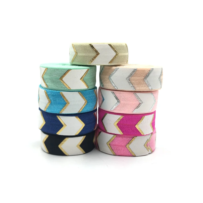 

5Yard 5/8"16mm White Gold Foil Arrow Chevron Printed Fold Over Elastic Ribbon DIY Strap Hair Band Sewing Accessories