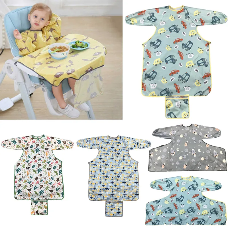 BPA Free Long Sleeves Baby Bib Coverall with Table Cloth Cover Waterproof Baby Dining Chair Gown Burp Apron Newborn Food Feeding