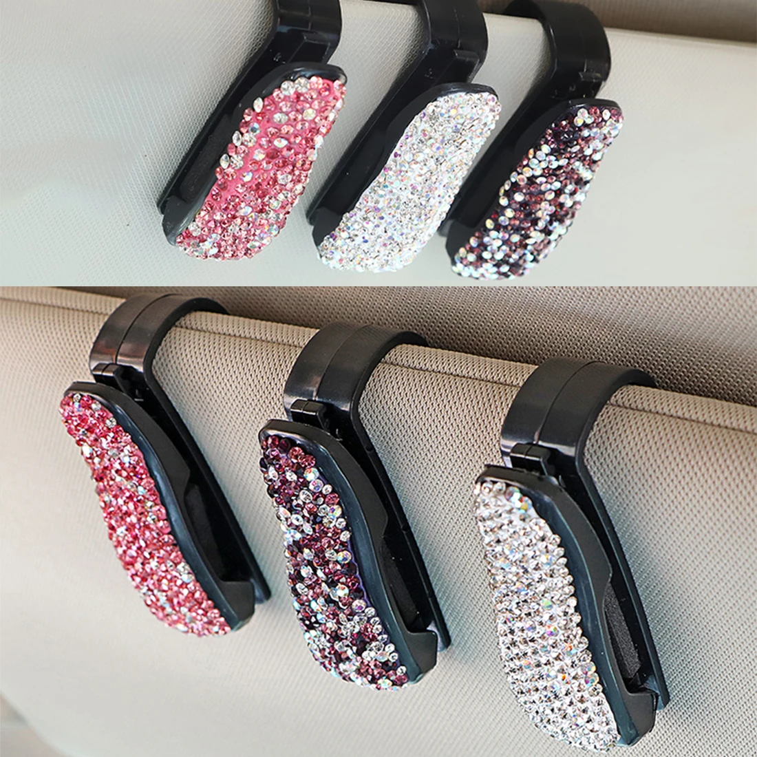 Car Accessories Diamond Woman Glasses Case Sun Visor Glasses Glasses Holder Ticket Document Pink Auto Clip Handmade Products