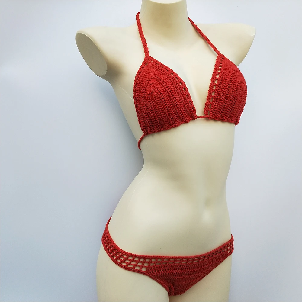 Have Lining Chest Pad Micro Bikini Set Women Crochet Sexy Swimsuit Solid Bikini Backless Swimwear Low Waist Bathing Suit Female